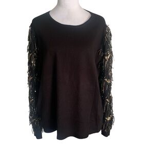 NWT Chicos Size 3/XL Black Ruffle Sleeve Gold Sequin Sleeve Sweater Holiday